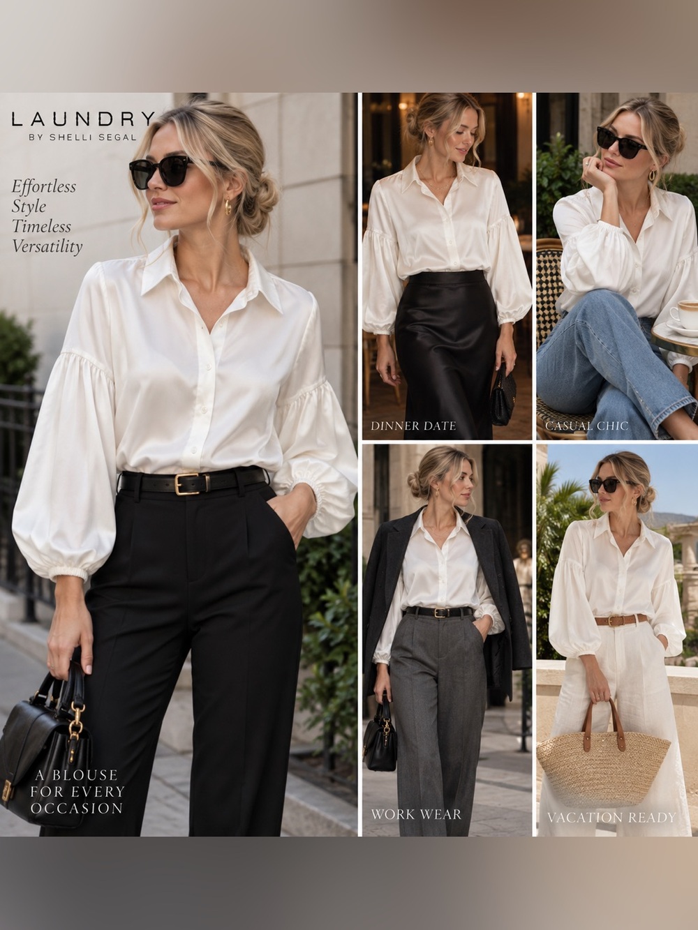 Laundry By Shelli Segal Ivory Satin Balloon-Sleeve Blouse